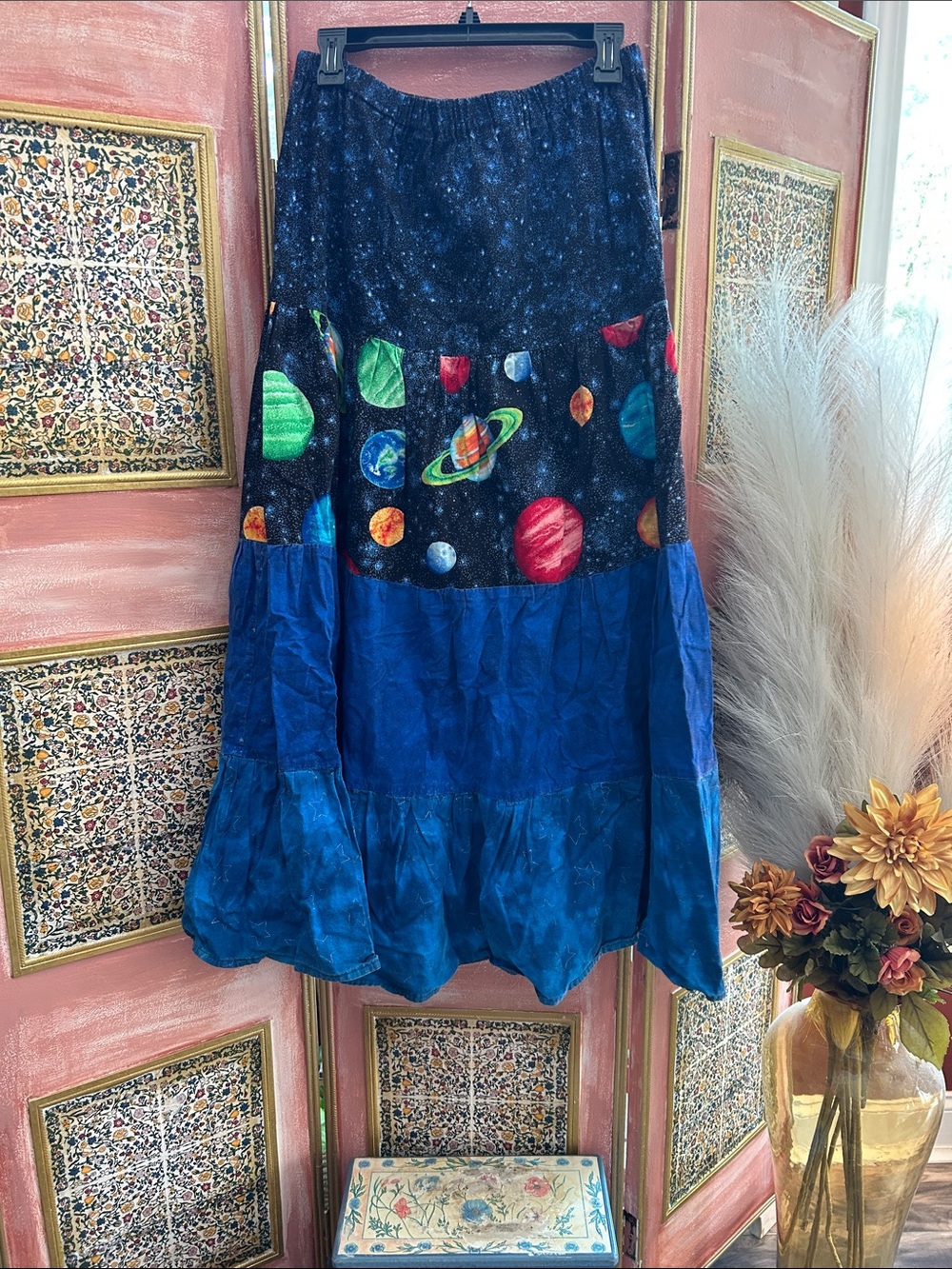 Boho Galaxy Tiered Maxi Skirt - Blue Planet Print